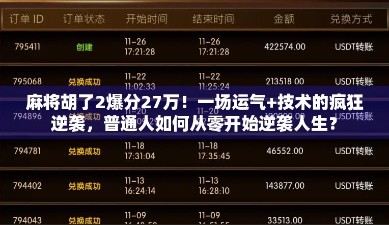 麻将胡了2爆分27万!一场运气+技术的疯狂逆袭,普通人如何从零开始逆袭人生? 麻将胡了2爆分27万!一场运气+技术的疯狂逆袭,普通人如何从零开始逆袭人生?